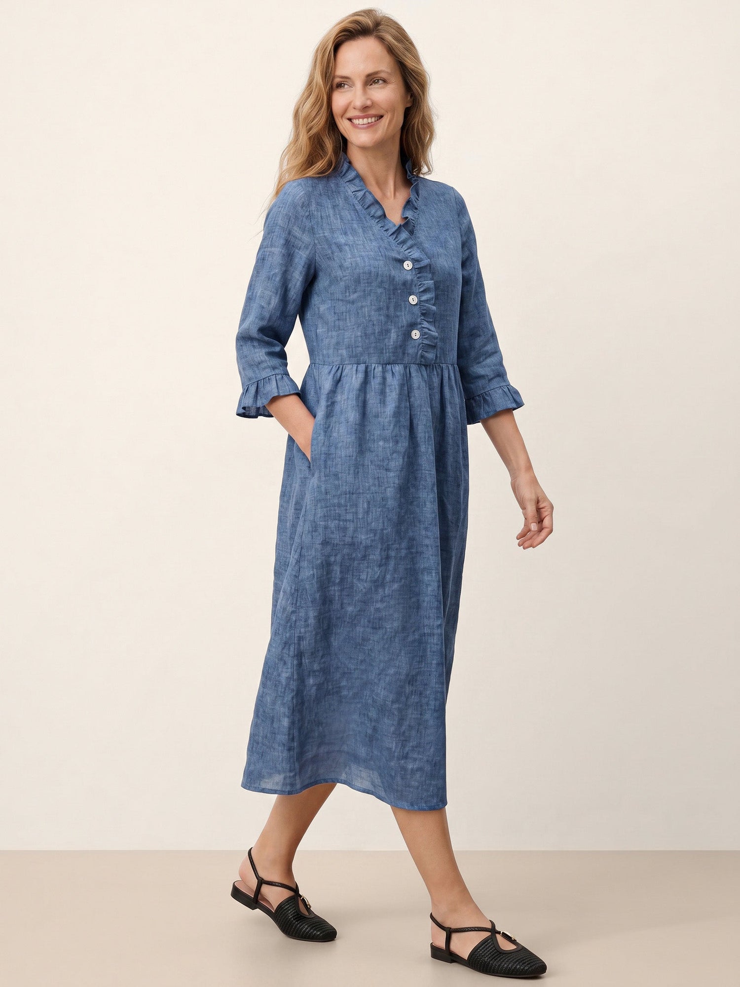 100% Linen Ruffle Placket A-Line Midi Dress SAMARA  DestGlow