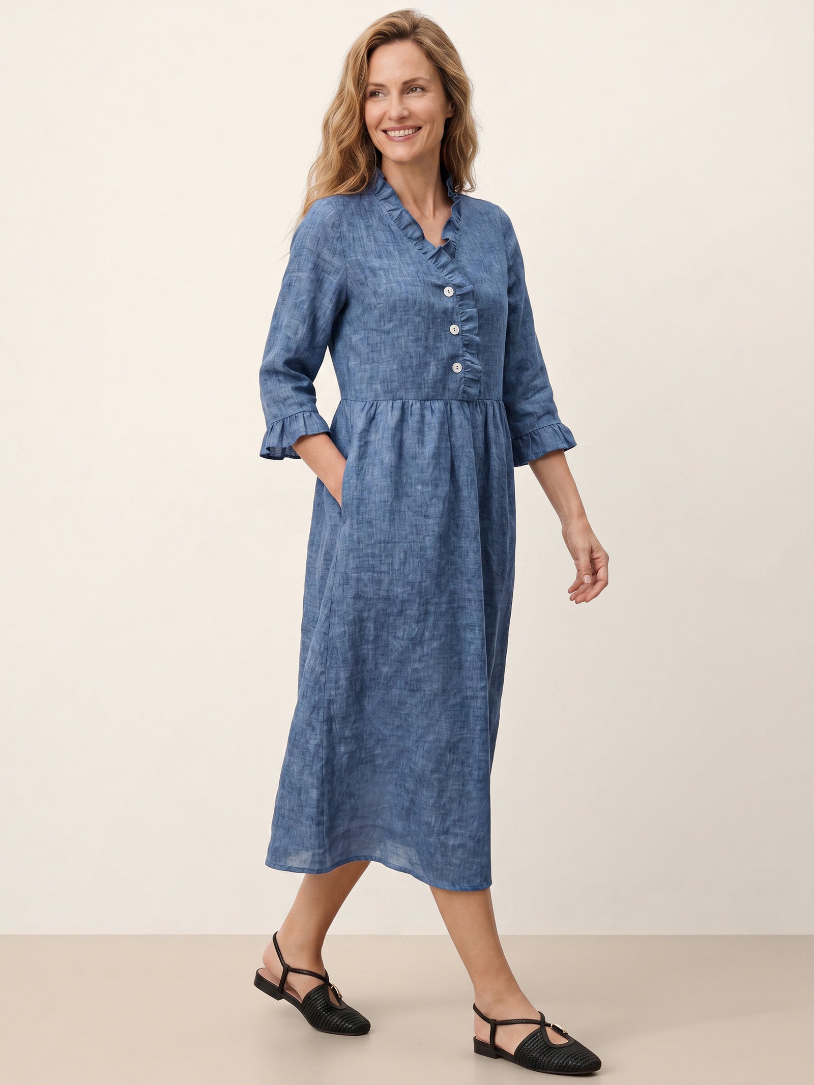 100% Linen Ruffle Placket A-Line Midi Dress SAMARA  DestGlow