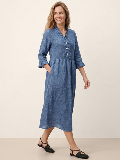 100% Linen Ruffle Placket A-Line Midi Dress SAMARA  DestGlow