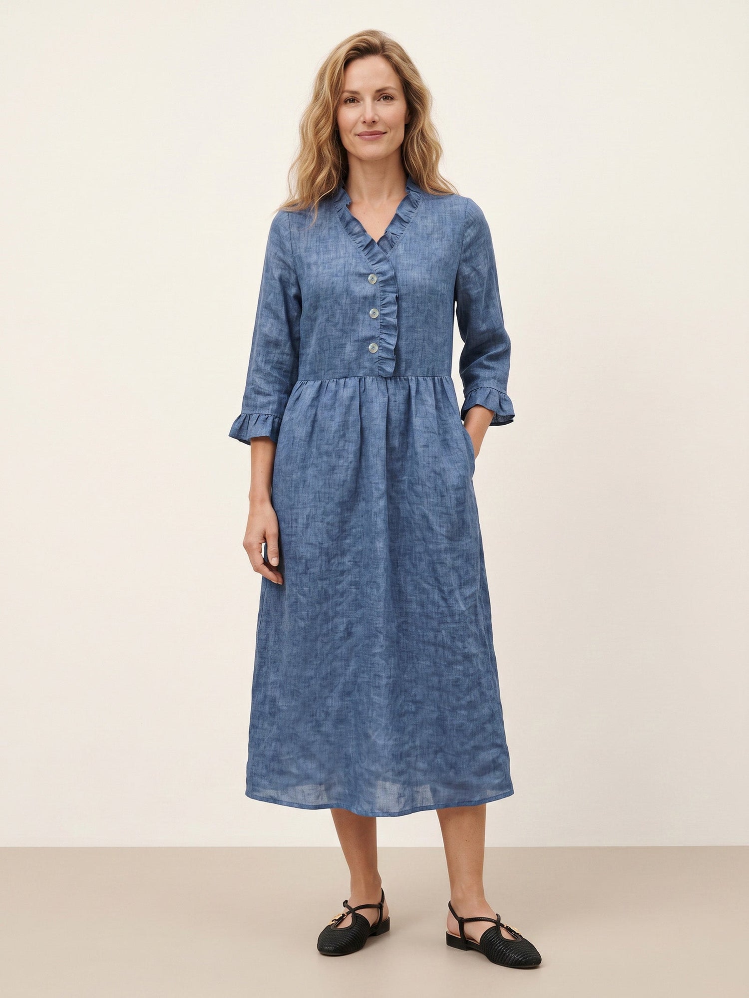 100% Linen Ruffle Placket A-Line Midi Dress SAMARA  DestGlow