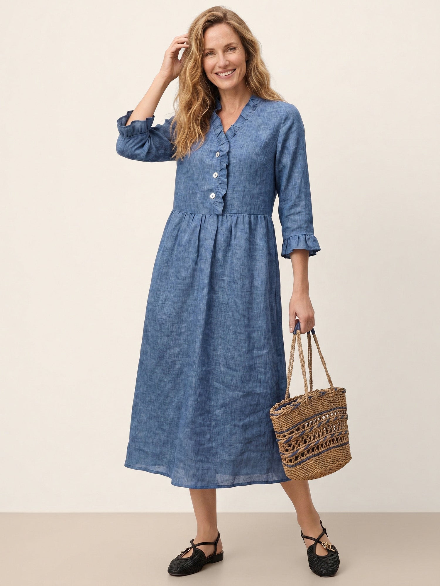 100% Linen Ruffle Placket A-Line Midi Dress SAMARA  DestGlow