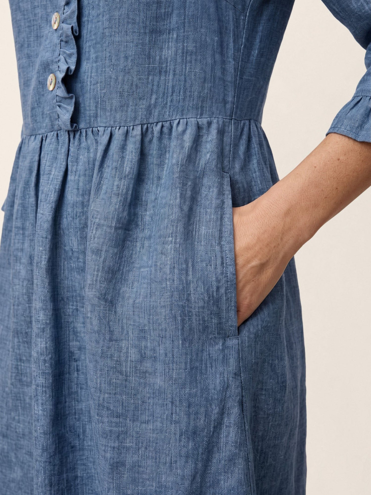 100% Linen Ruffle Placket A-Line Midi Dress SAMARA  DestGlow
