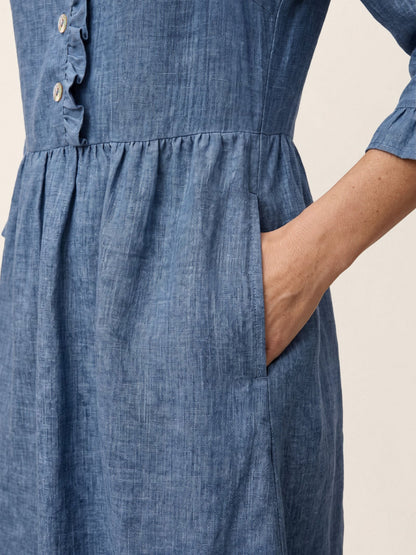 100% Linen Ruffle Placket A-Line Midi Dress SAMARA  DestGlow