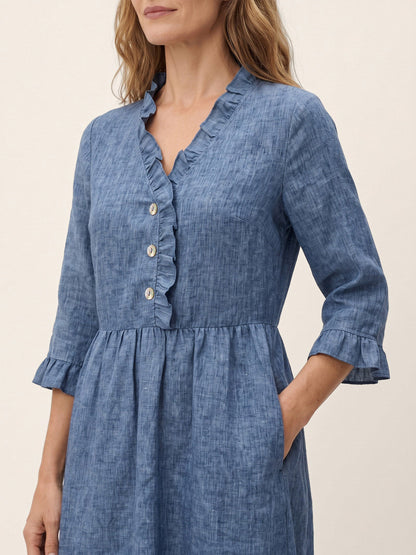 100% Linen Ruffle Placket A-Line Midi Dress SAMARA  DestGlow