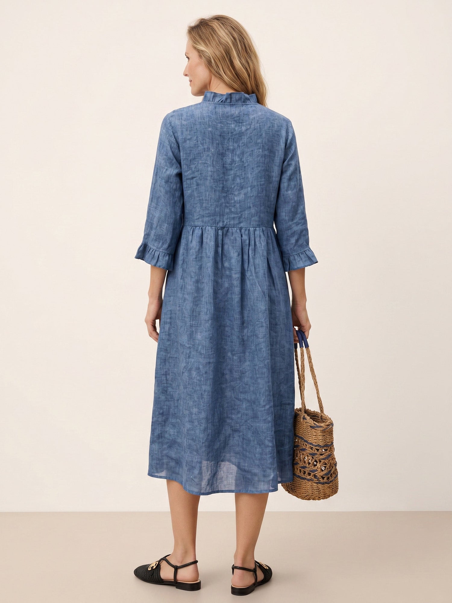 100% Linen Ruffle Placket A-Line Midi Dress SAMARA  DestGlow
