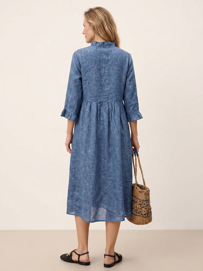 100% Linen Ruffle Placket A-Line Midi Dress SAMARA  DestGlow