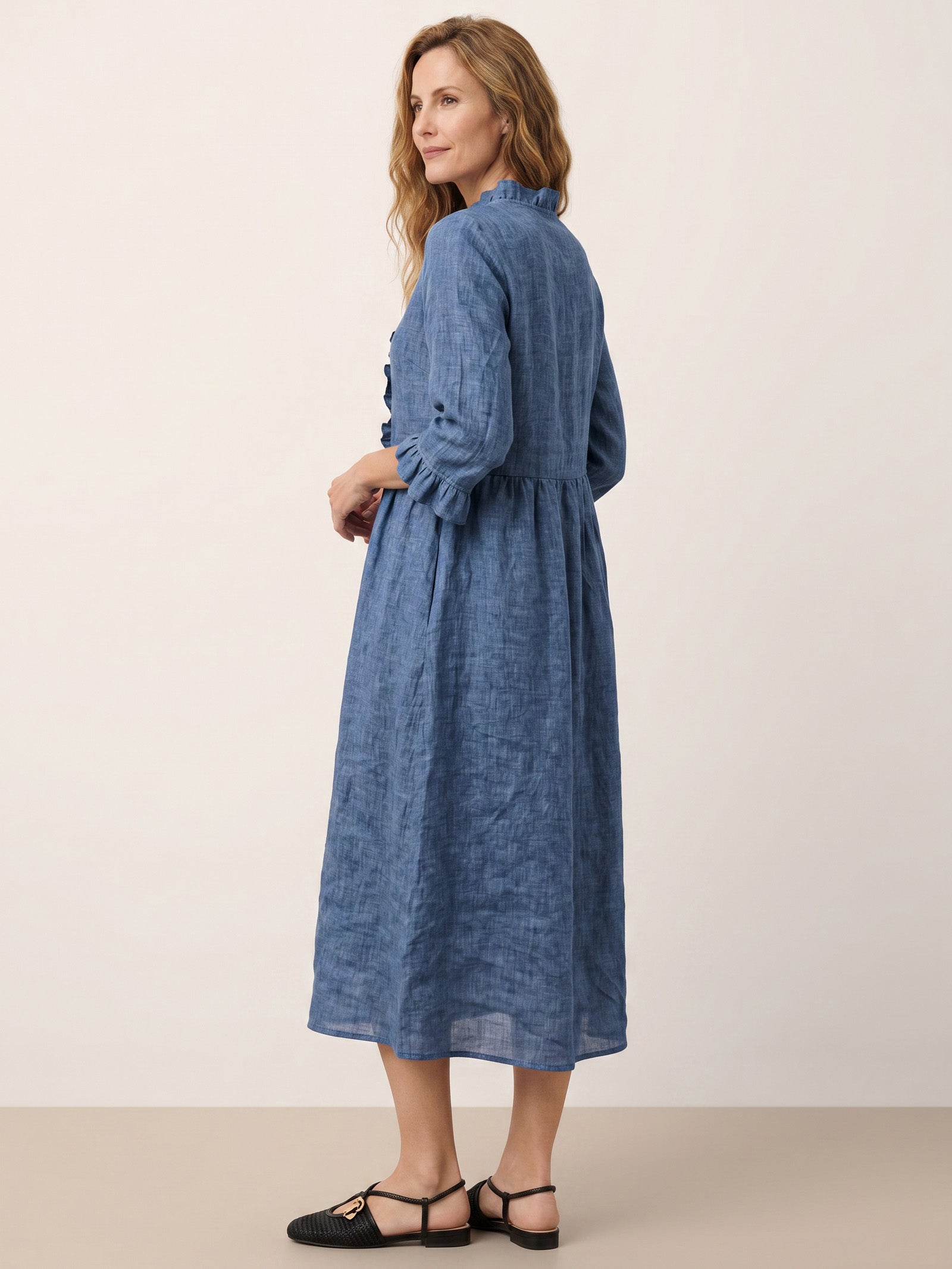 100% Linen Ruffle Placket A-Line Midi Dress SAMARA  DestGlow