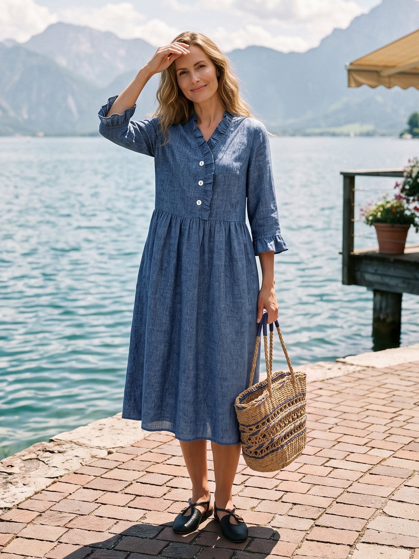 100% Linen Ruffle Placket A-Line Midi Dress SAMARA  DestGlow