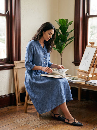 100% Linen Ruffle Placket A-Line Midi Dress SAMARA  DestGlow