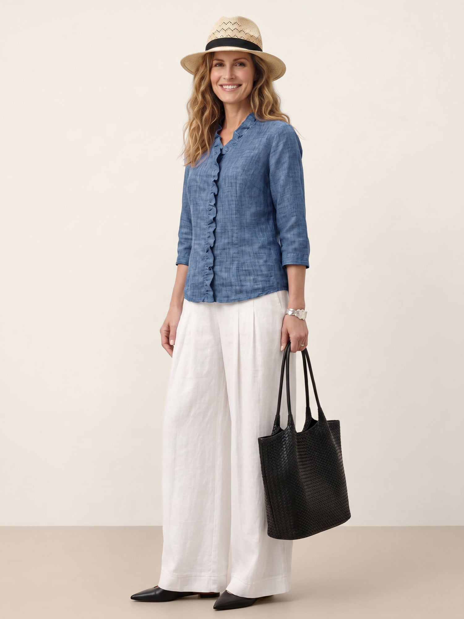 100% Linen Ruffle Placket V-Neck Shirt RENATA  DestGlow