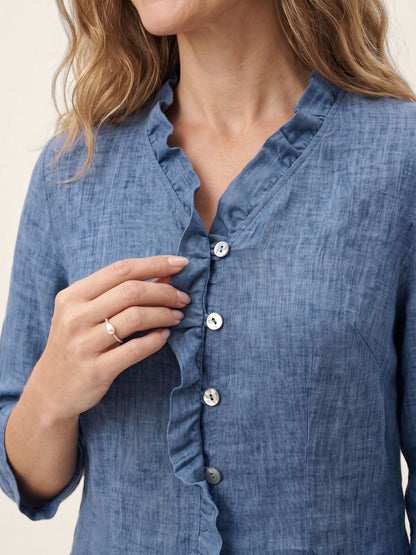 100% Linen Ruffle Placket V-Neck Shirt RENATA  DestGlow