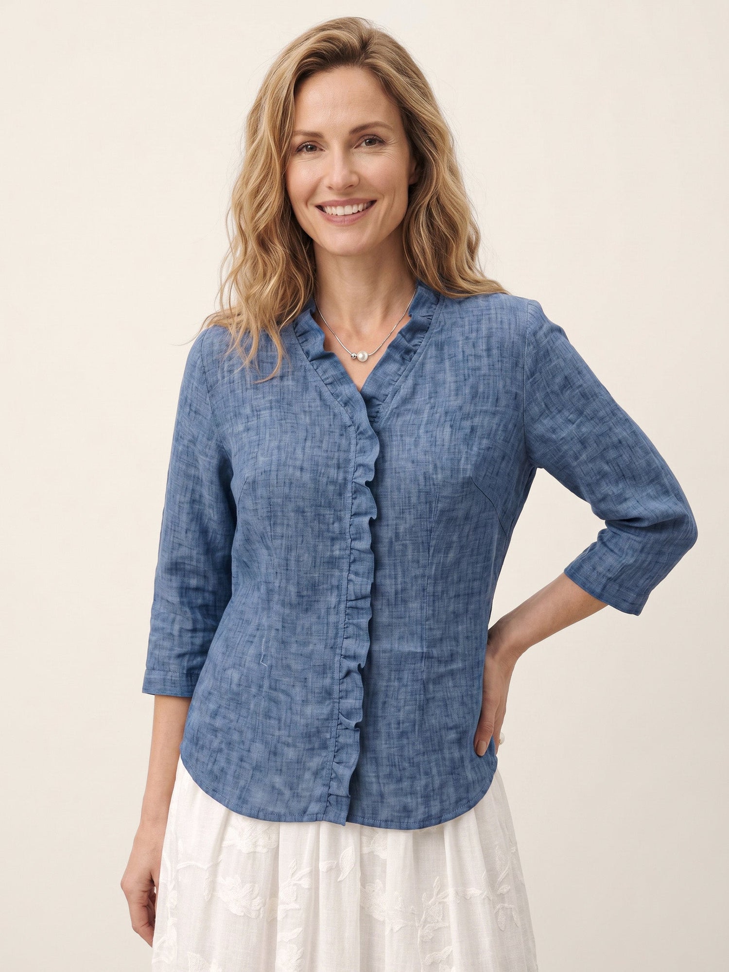 100% Linen Ruffle Placket V-Neck Shirt RENATA  DestGlow