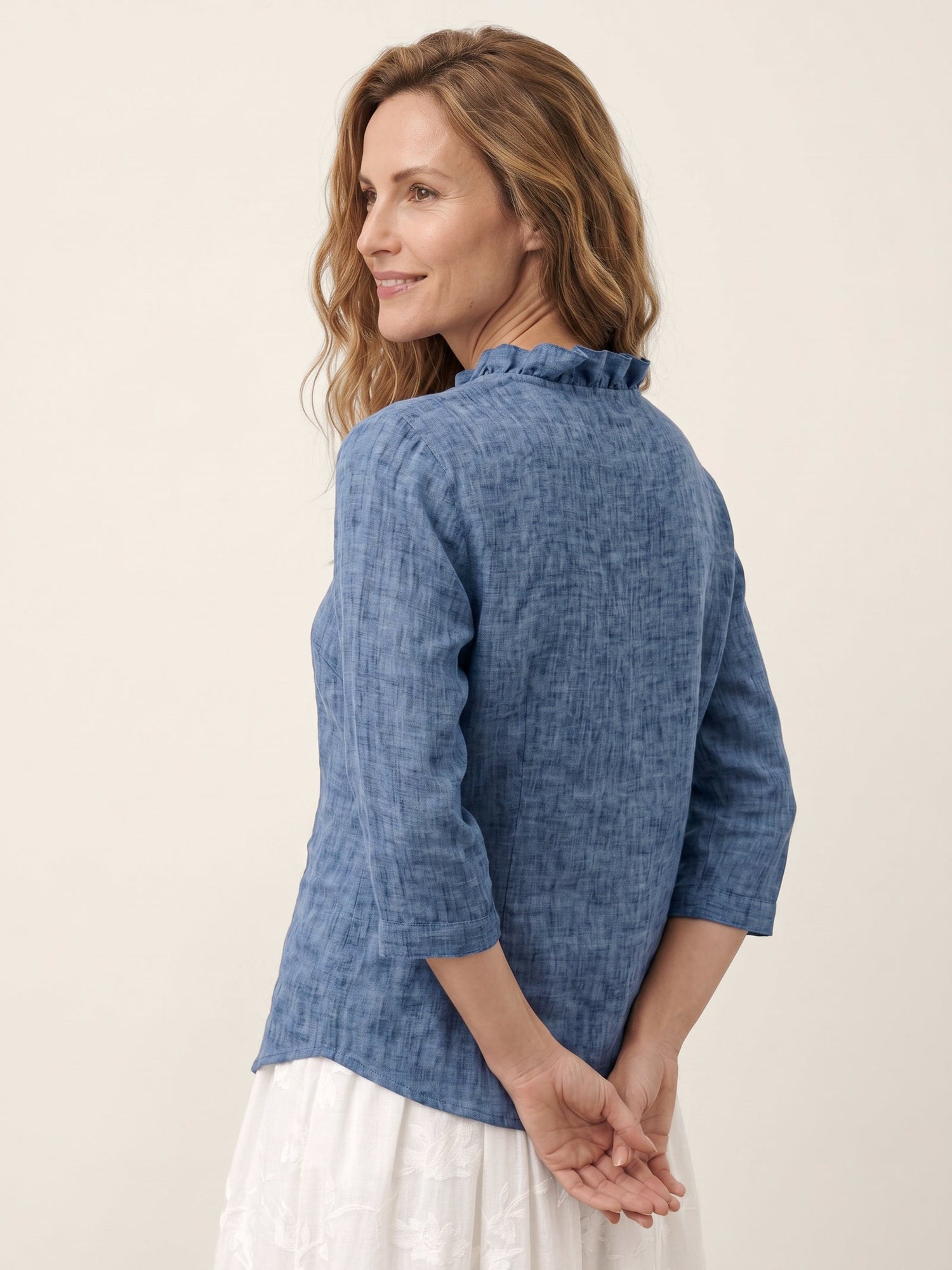 100% Linen Ruffle Placket V-Neck Shirt RENATA  DestGlow