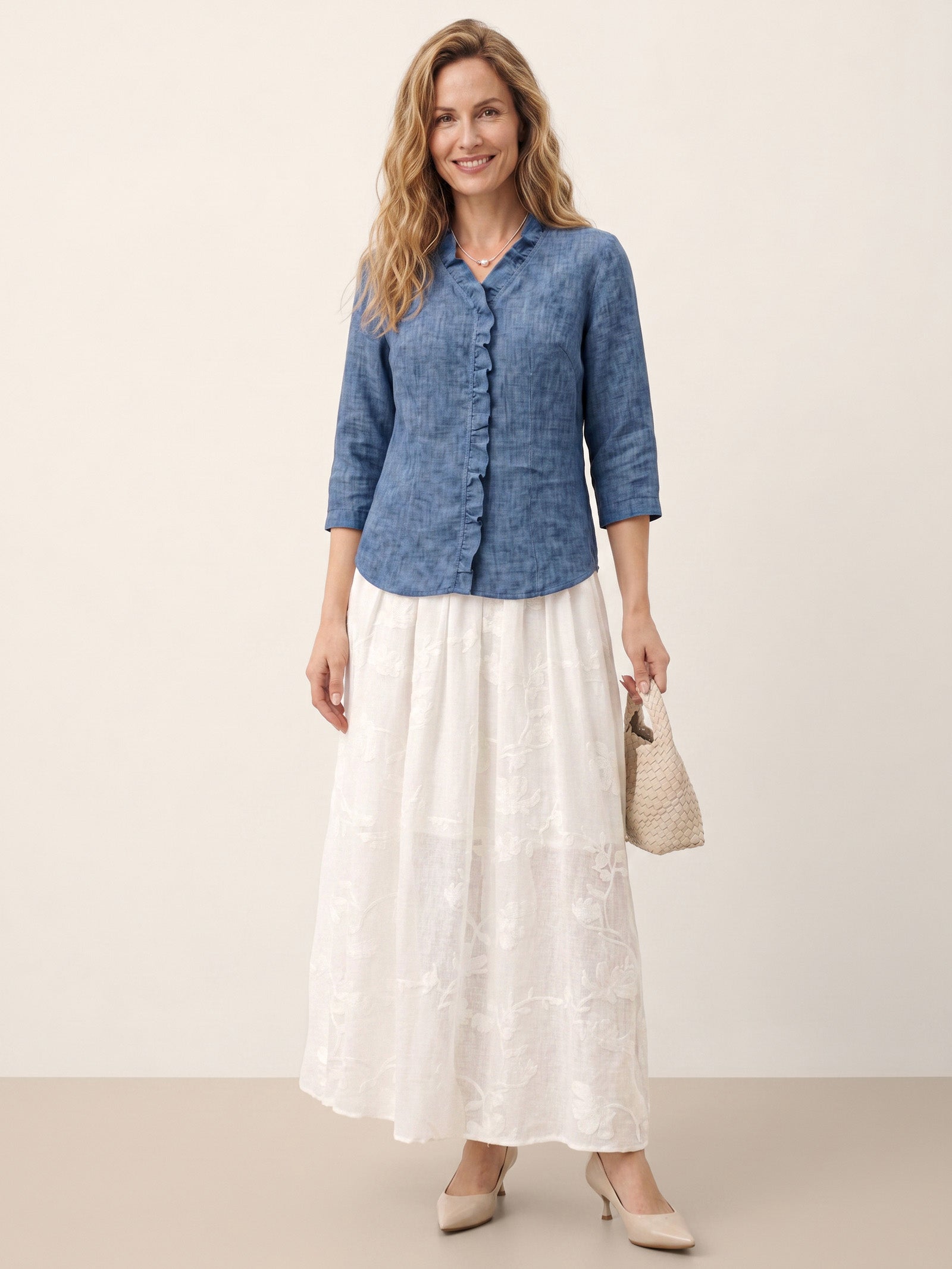 100% Linen Ruffle Placket V-Neck Shirt RENATA  DestGlow