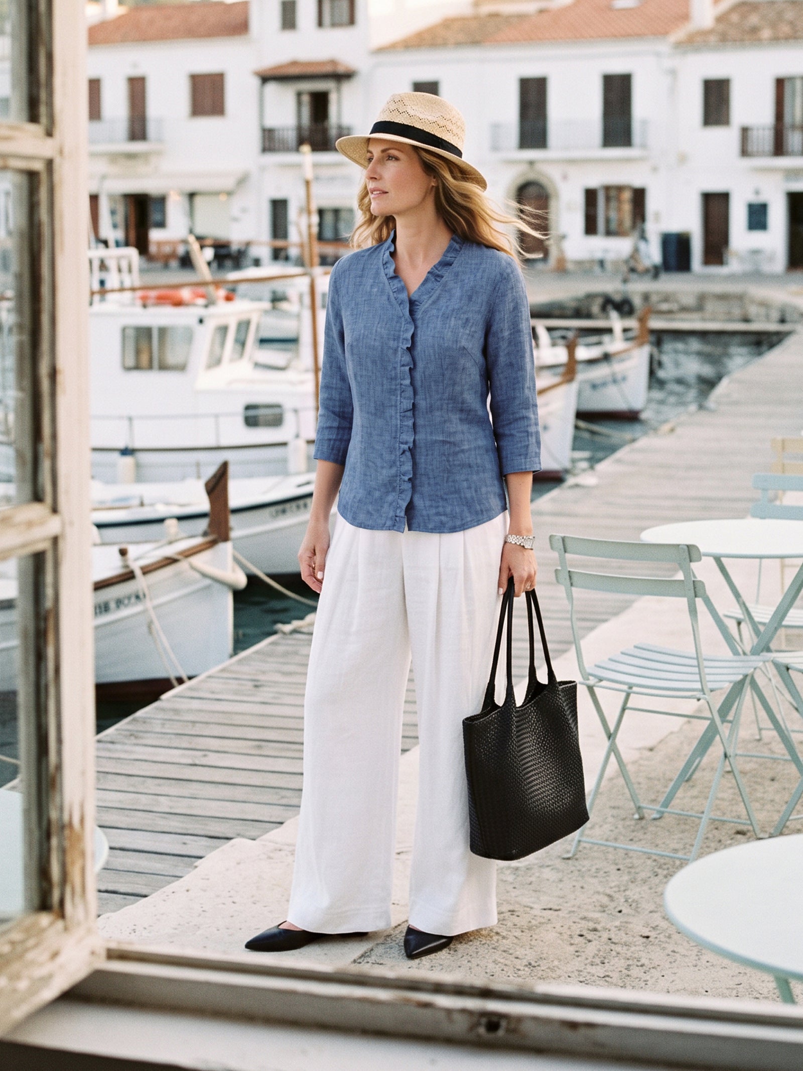 100% Linen Ruffle Placket V-Neck Shirt RENATA  DestGlow