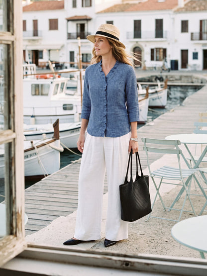 100% Linen Ruffle Placket V-Neck Shirt RENATA  DestGlow