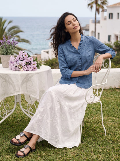 100% Linen Ruffle Placket V-Neck Shirt RENATA  DestGlow