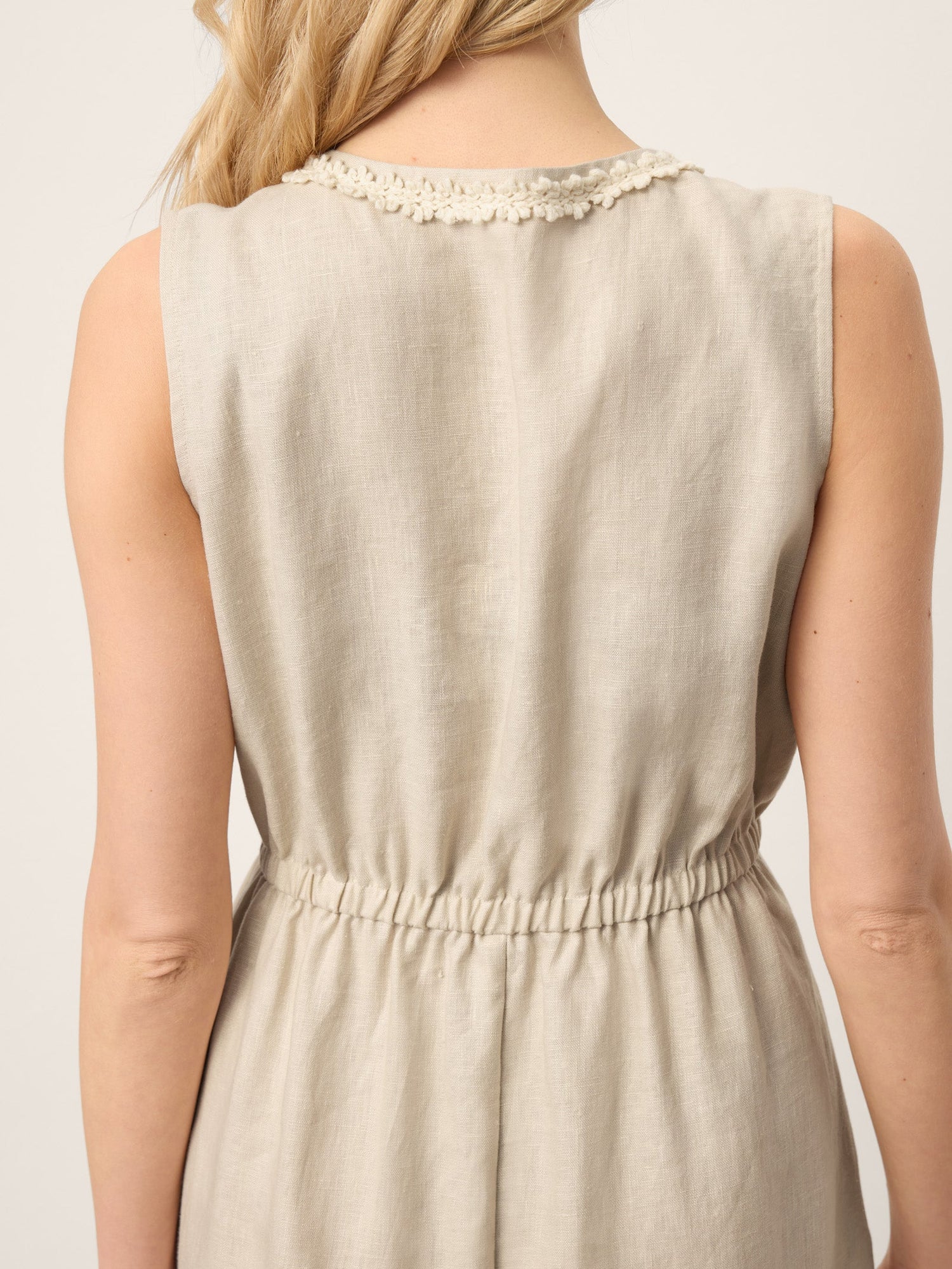 100% Linen Ruffle Trim Elasticated Waist Sleeveless Midi Dress LUCINDA by LINTICO
