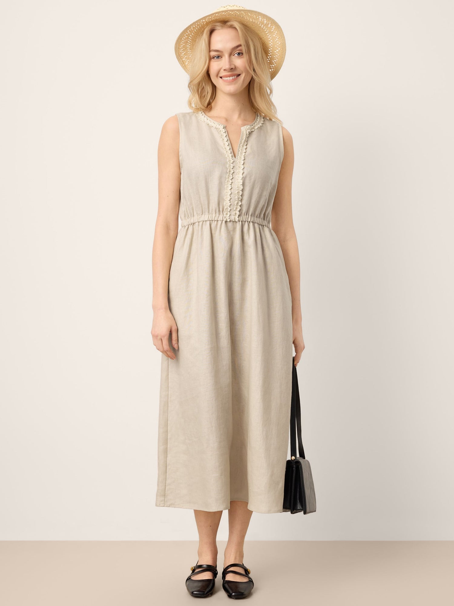 100% Linen Ruffle Trim Elasticated Waist Sleeveless Midi Dress LUCINDA by LINTICO