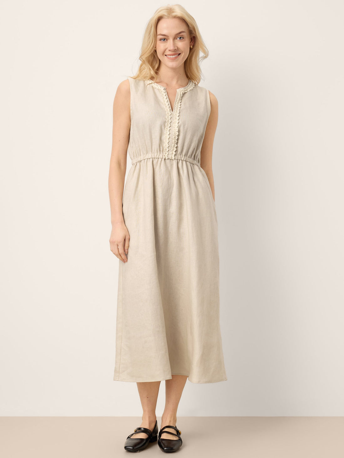 100% Linen Ruffle Trim Elasticated Waist Sleeveless Midi Dress LUCINDA by LINTICO