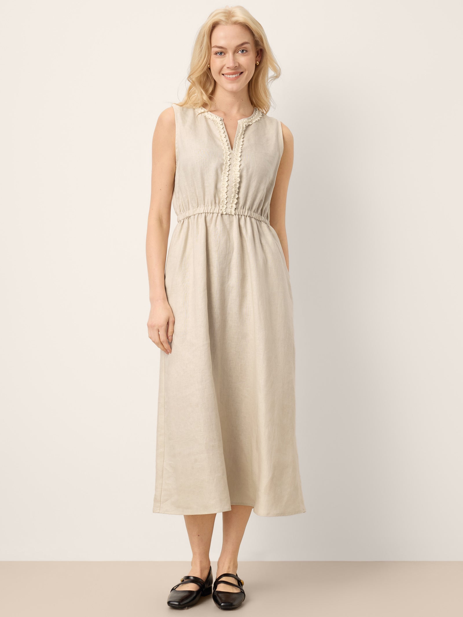 100% Linen Ruffle Trim Elasticated Waist Sleeveless Midi Dress LUCINDA by LINTICO