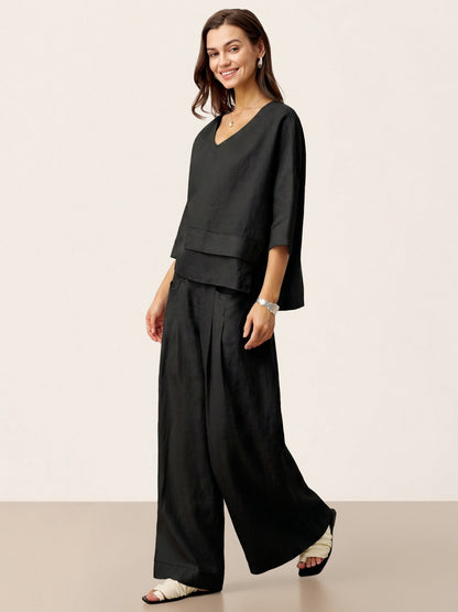 100% Linen Sculpted Pleat Elasticated Back Relaxed Pants VERIDIANA by LINTICO