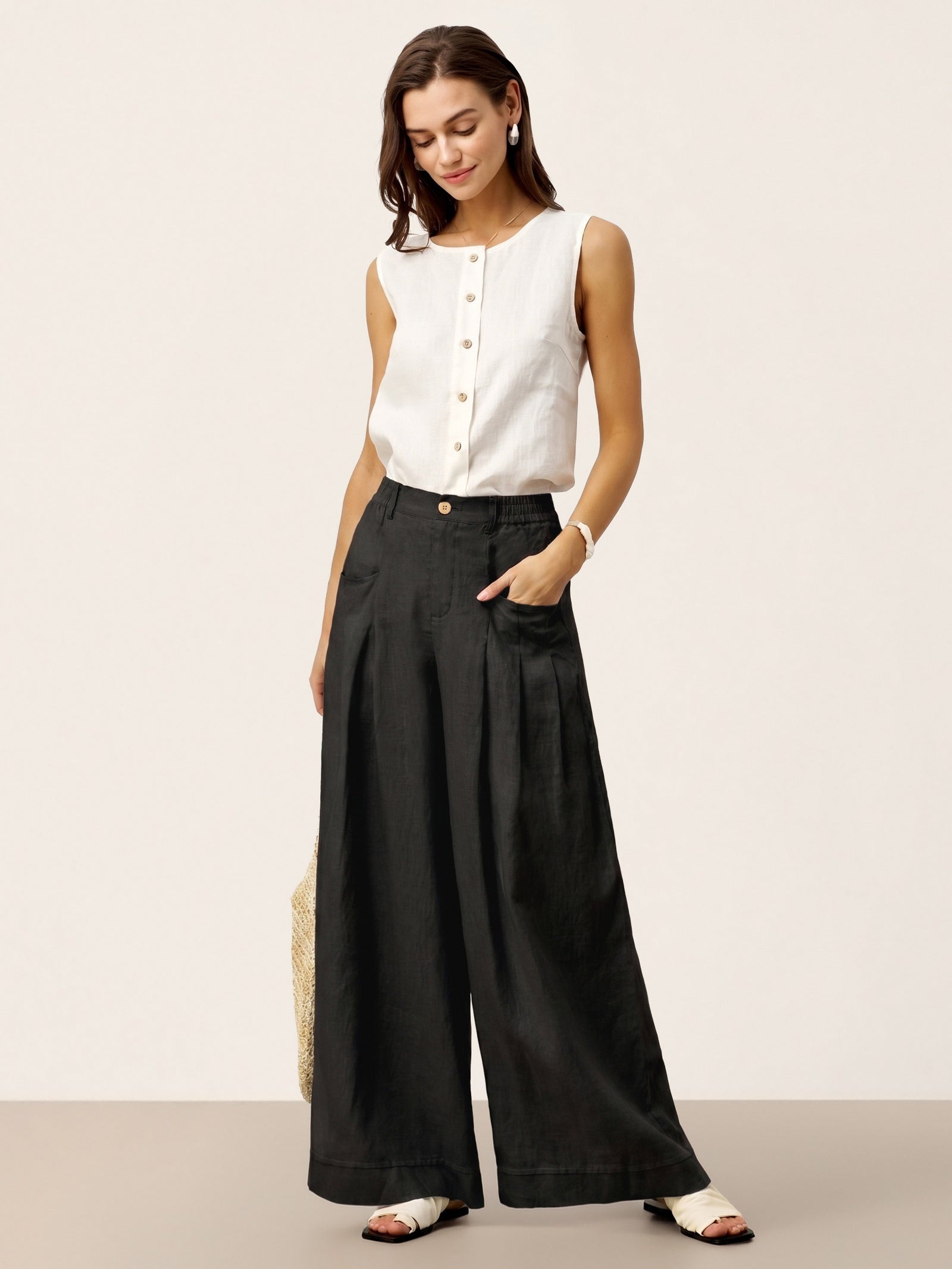 100% Linen Sculpted Pleat Elasticated Back Relaxed Pants VERIDIANA by LINTICO