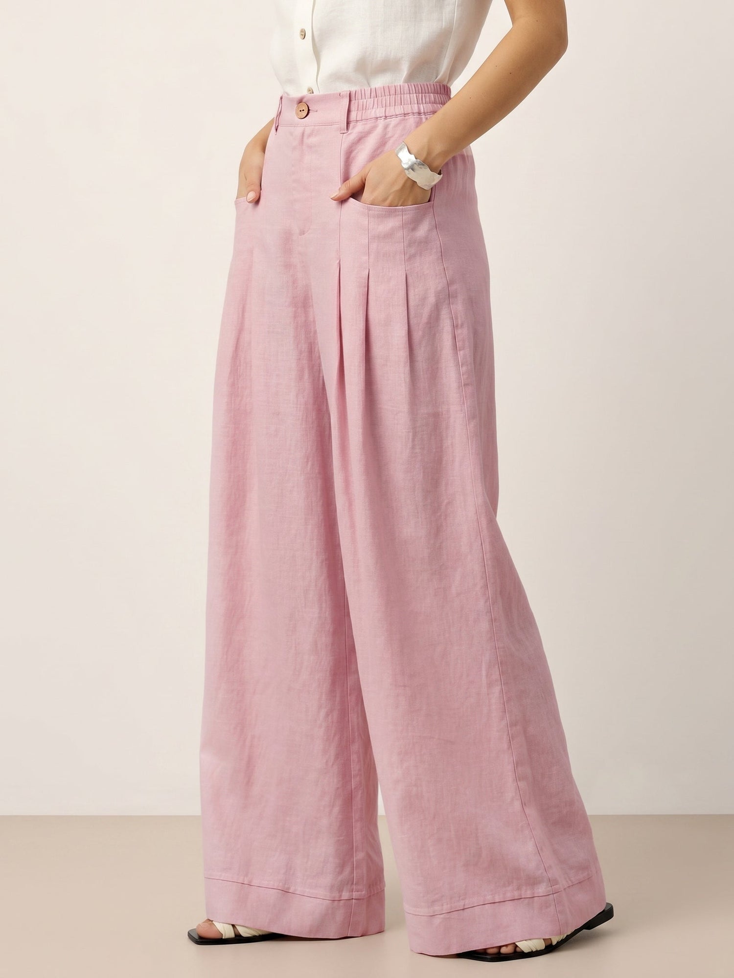 100% Linen Sculpted Pleat Elasticated Back Relaxed Pants VERIDIANA by LINTICO