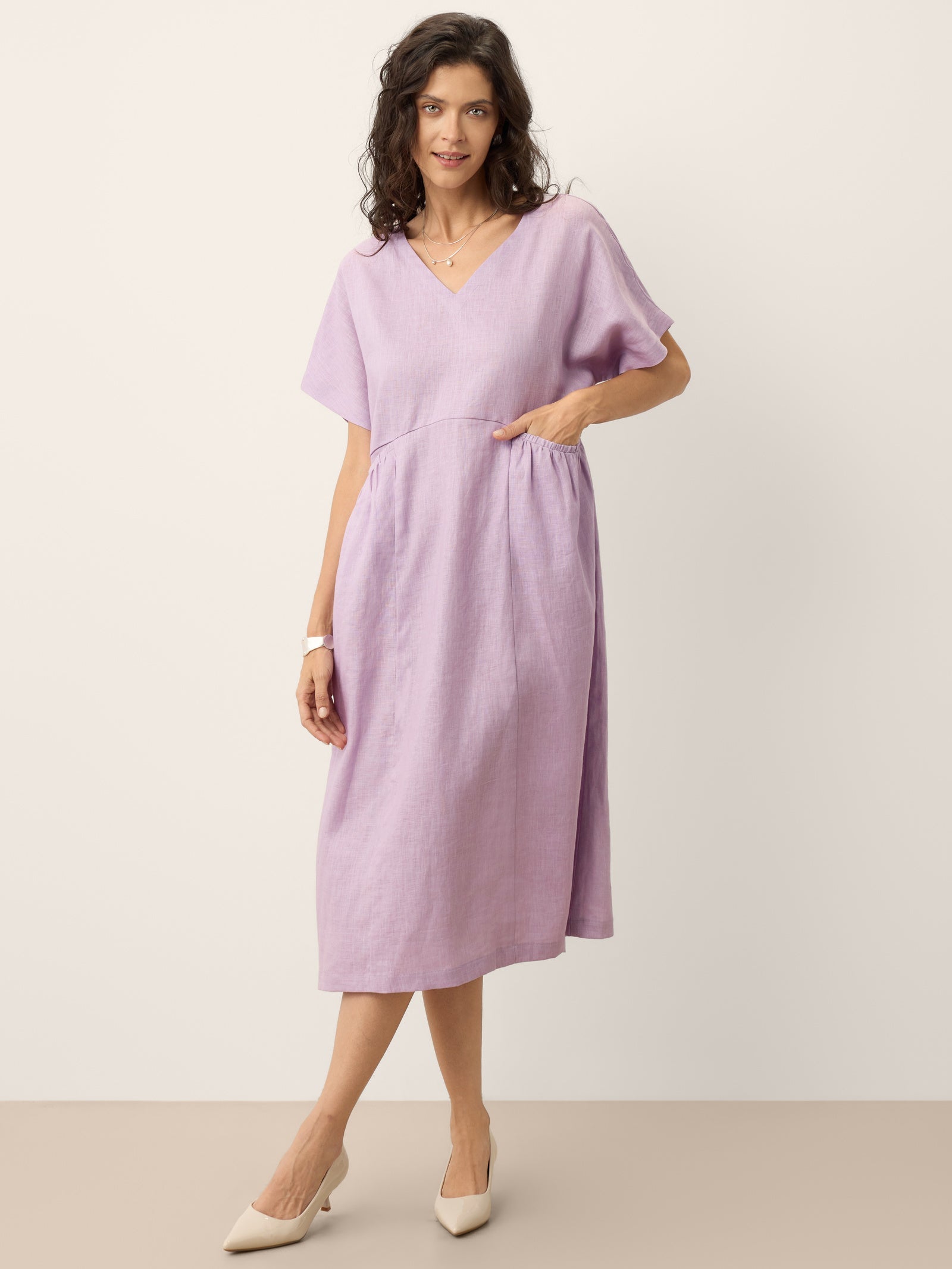 100% Linen Sculpted Waist Batwing Midi Dress TIVIA by LINTICO