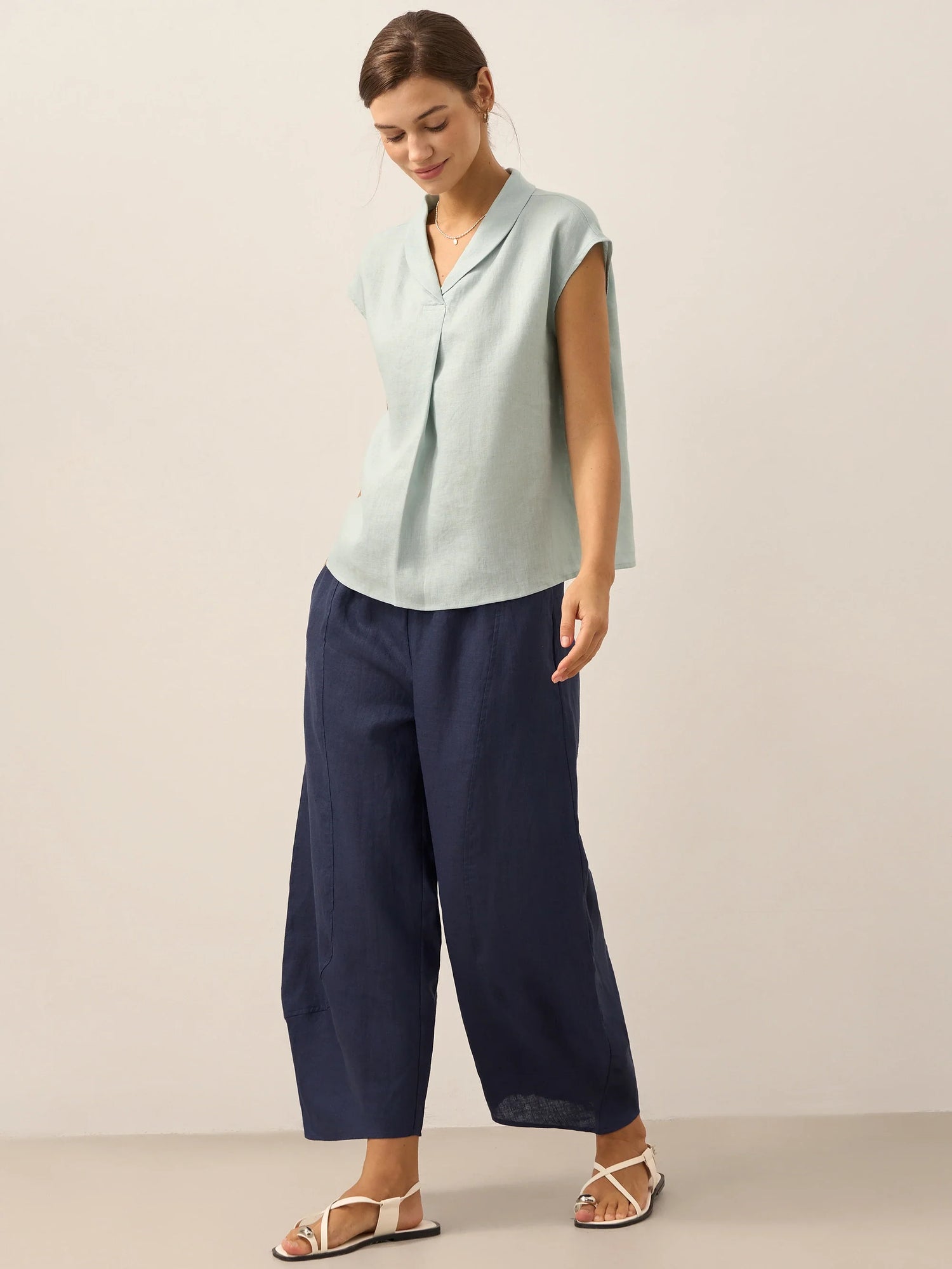 100% Linen Shawl V-Neck Cap Sleeves Top ELARA by LINTICO