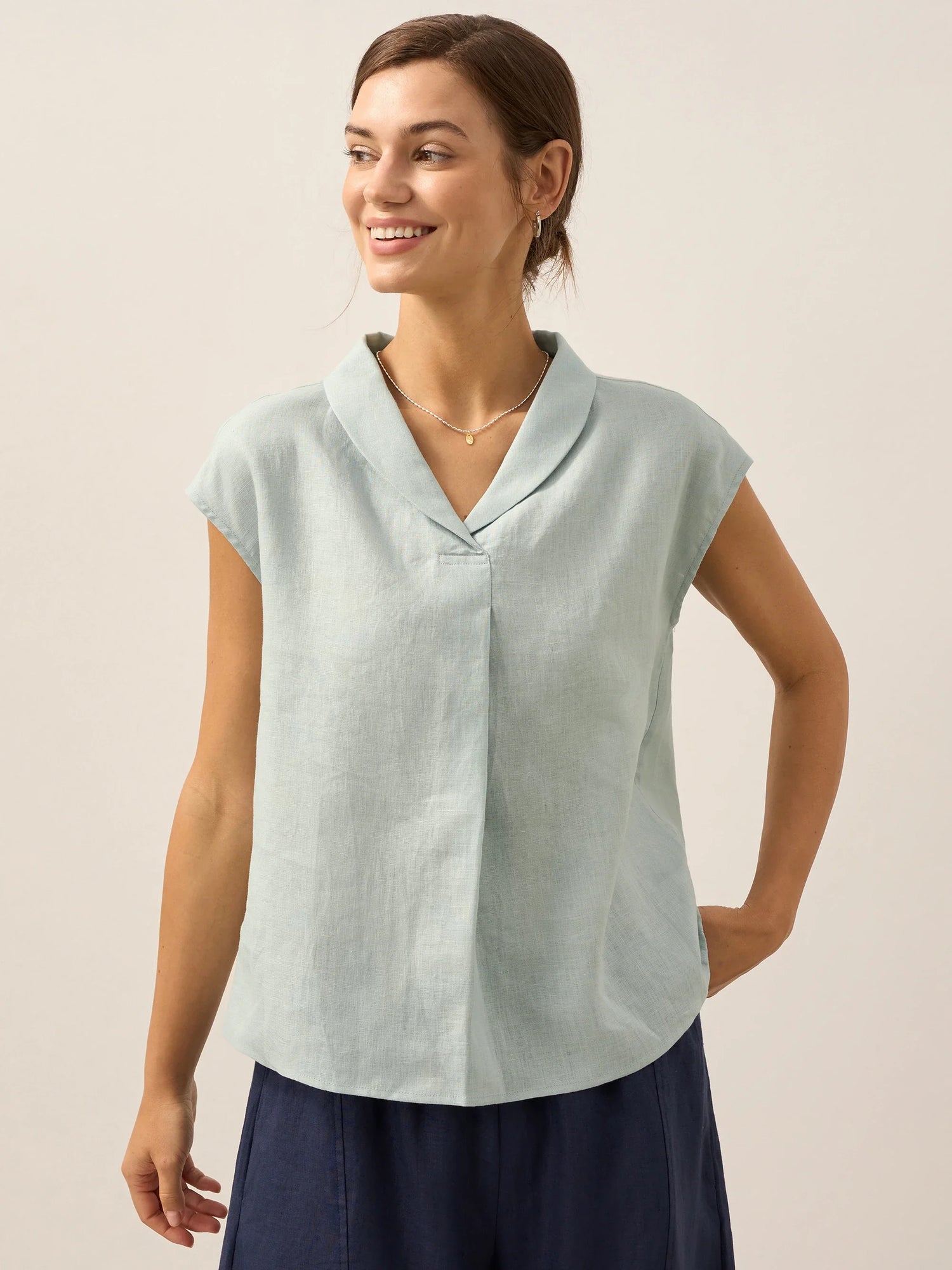 100% Linen Shawl V-Neck Cap Sleeves Top ELARA by LINTICO