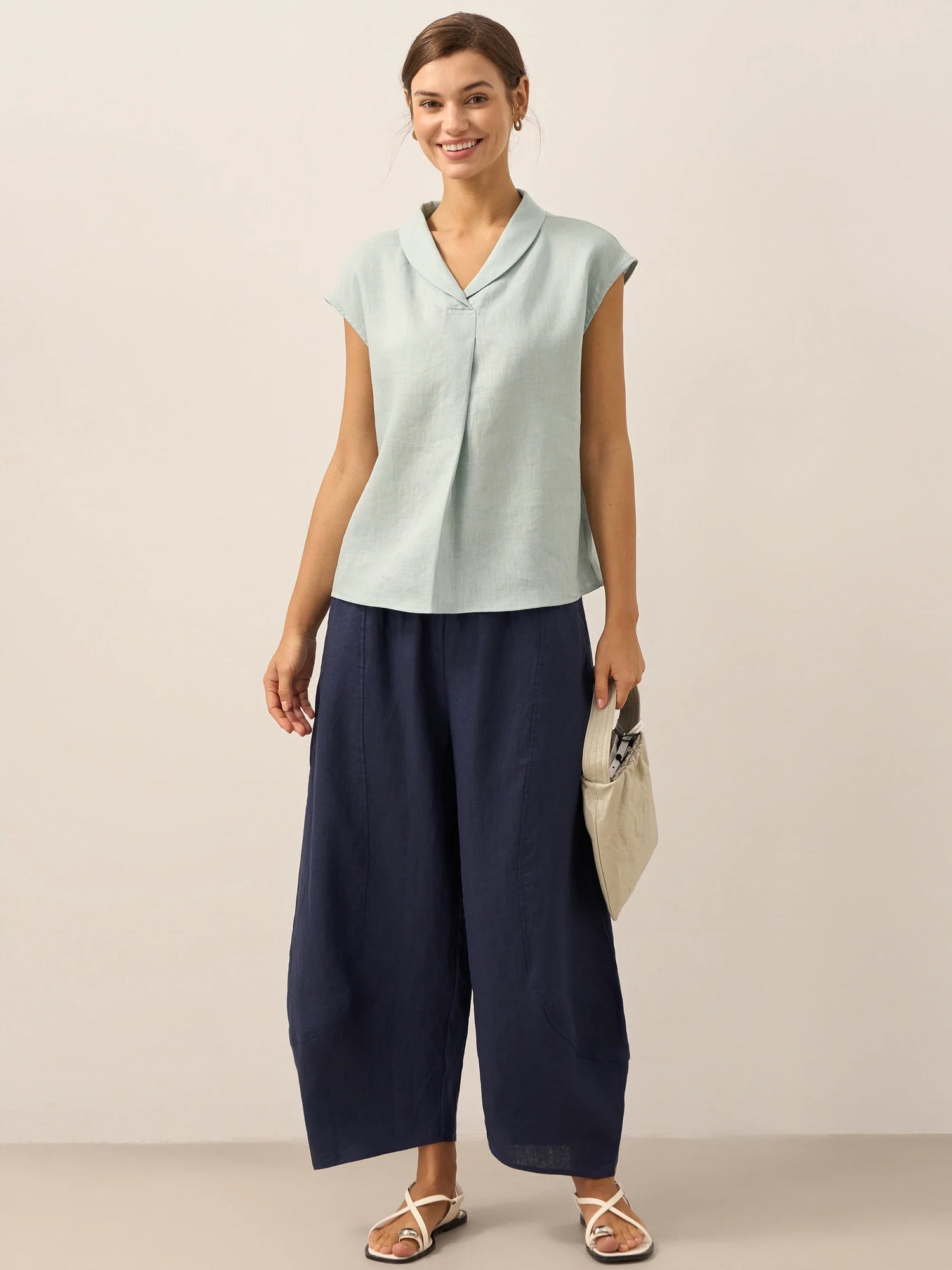 100% Linen Shawl V-Neck Cap Sleeves Top ELARA by LINTICO
