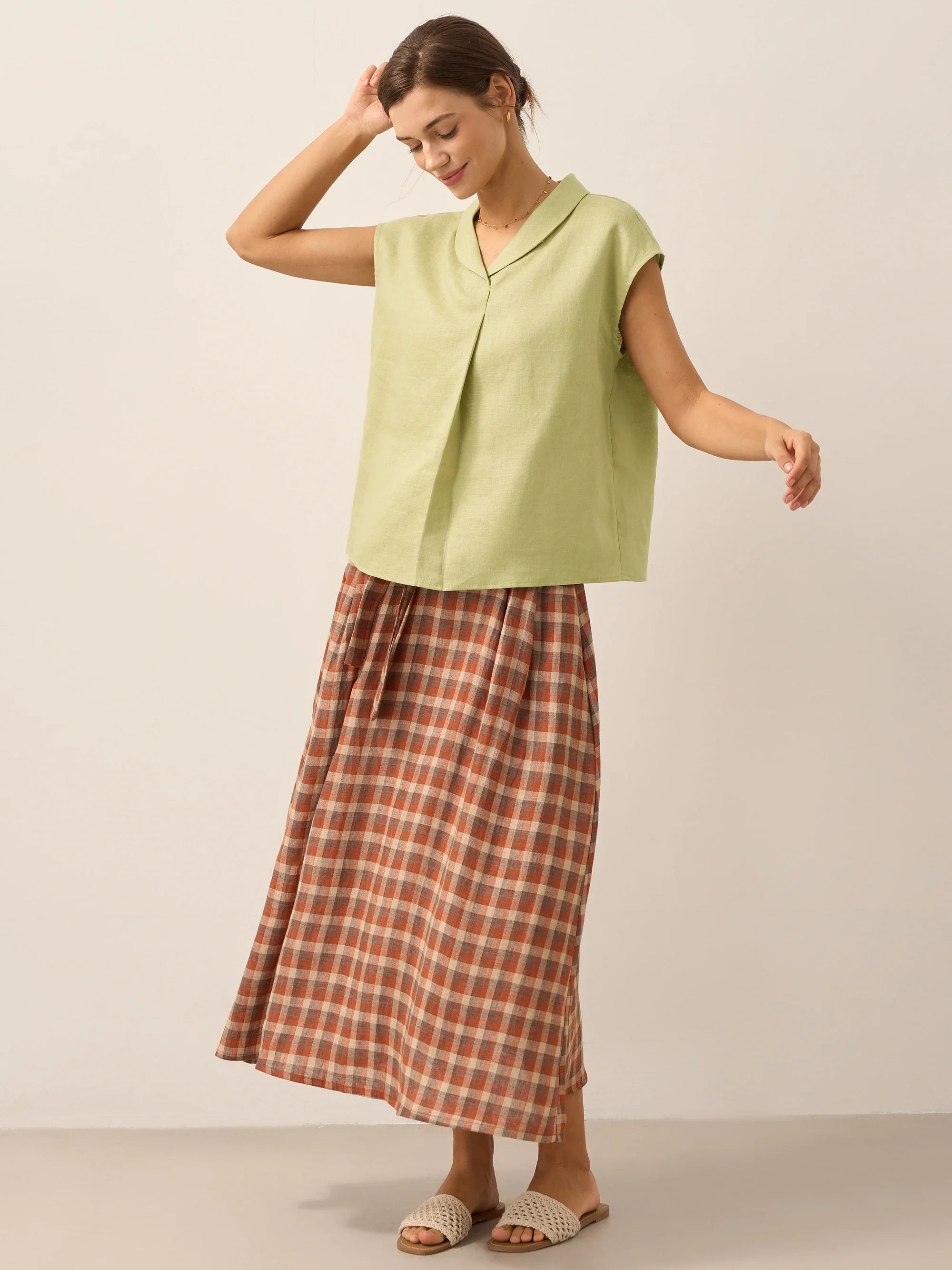 100% Linen Shawl V-Neck Cap Sleeves Top ELARA by LINTICO