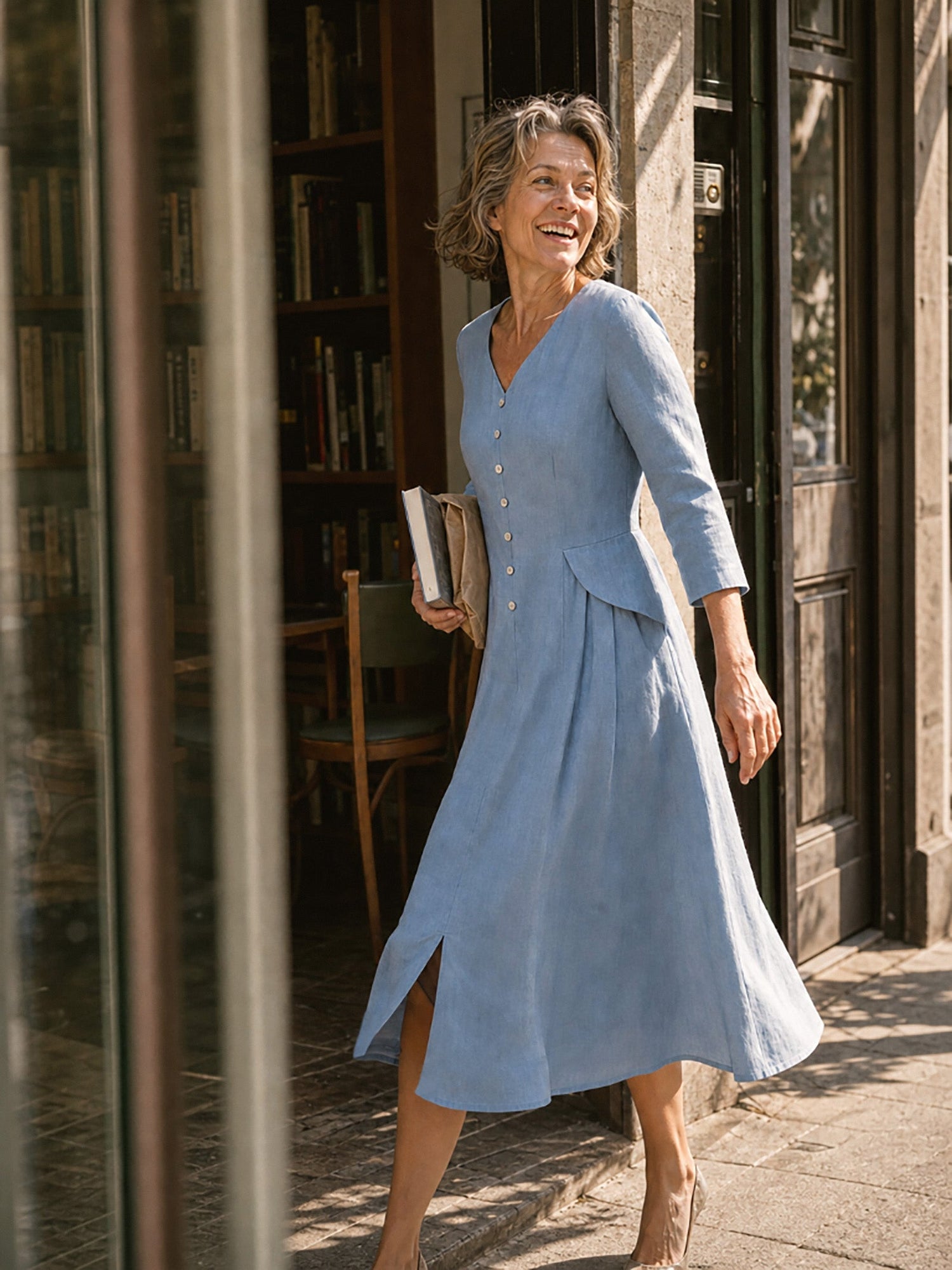 100% Linen Shell Button A-Line Midi Dress ELIORA  DestGlow