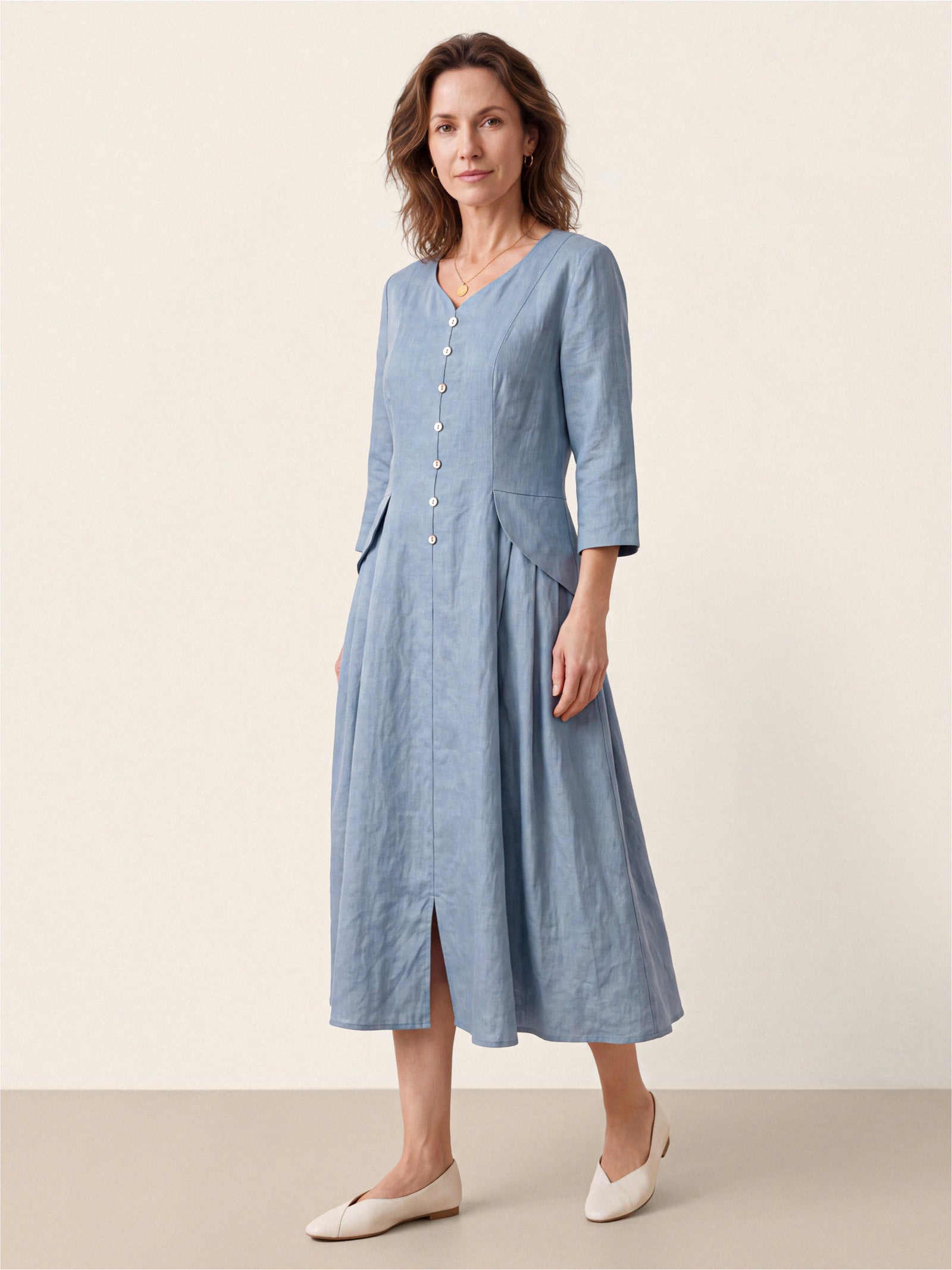 100% Linen Shell Button A-Line Midi Dress ELIORA  DestGlow