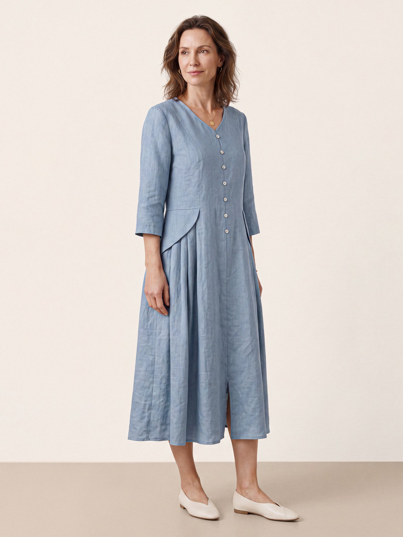 100% Linen Shell Button A-Line Midi Dress ELIORA  DestGlow