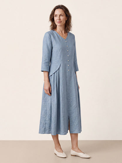 100% Linen Shell Button A-Line Midi Dress ELIORA  DestGlow