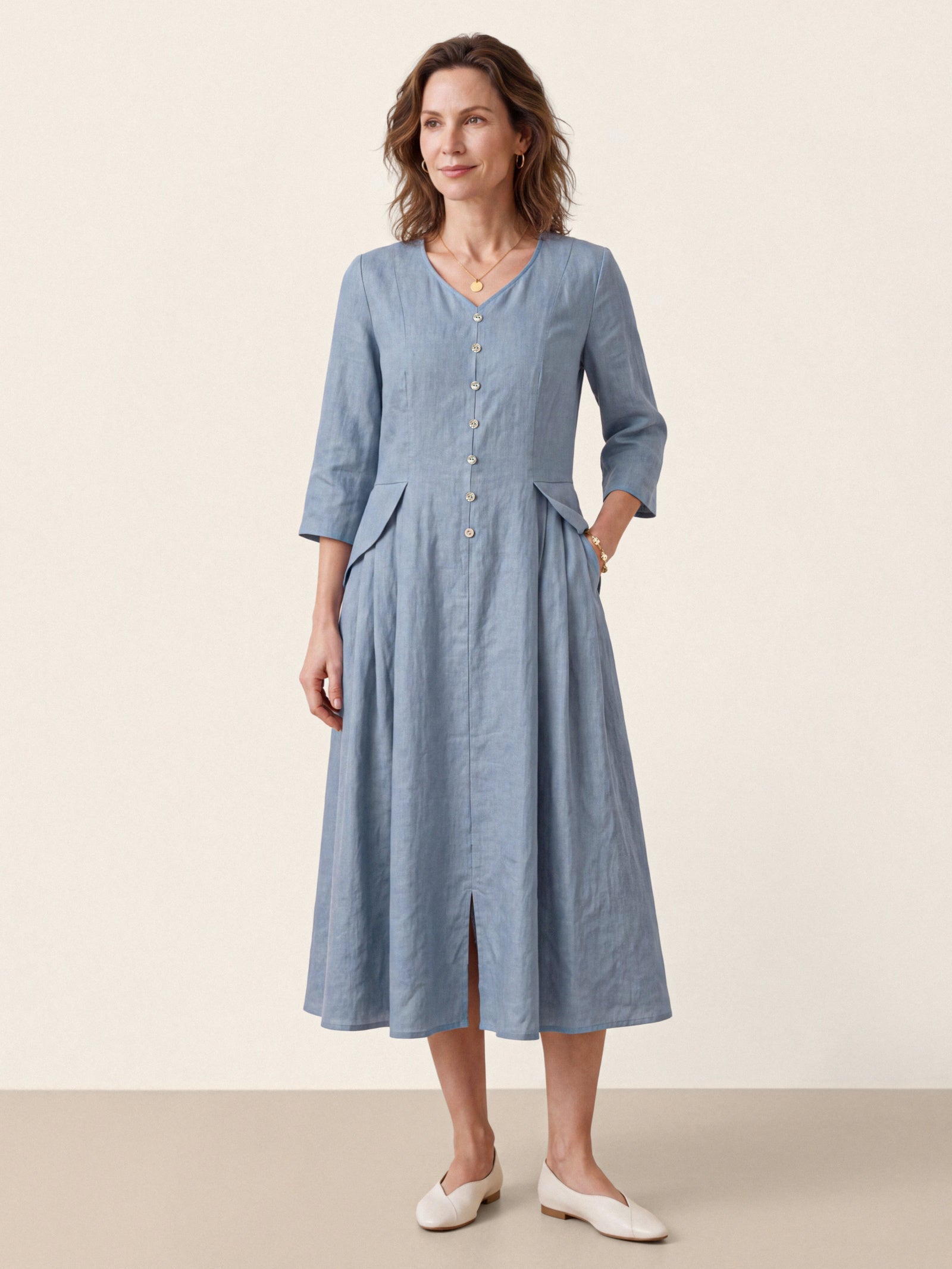 100% Linen Shell Button A-Line Midi Dress ELIORA  DestGlow