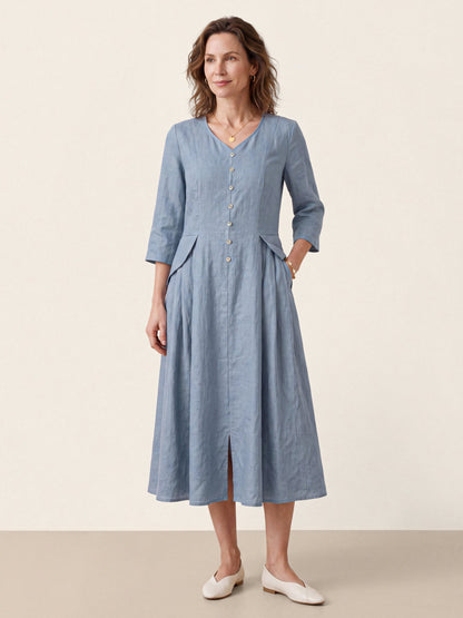100% Linen Shell Button A-Line Midi Dress ELIORA  DestGlow