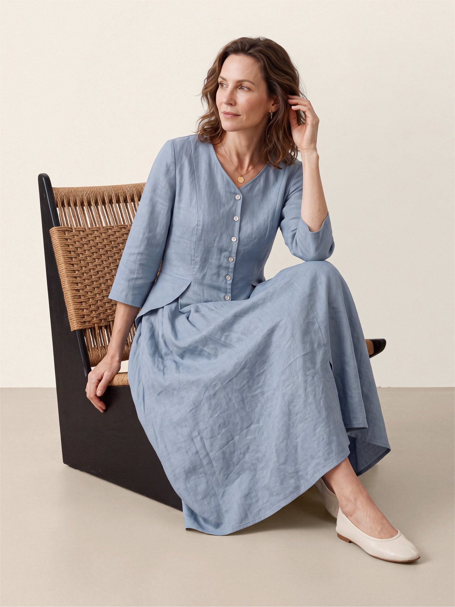 100% Linen Shell Button A-Line Midi Dress ELIORA  DestGlow