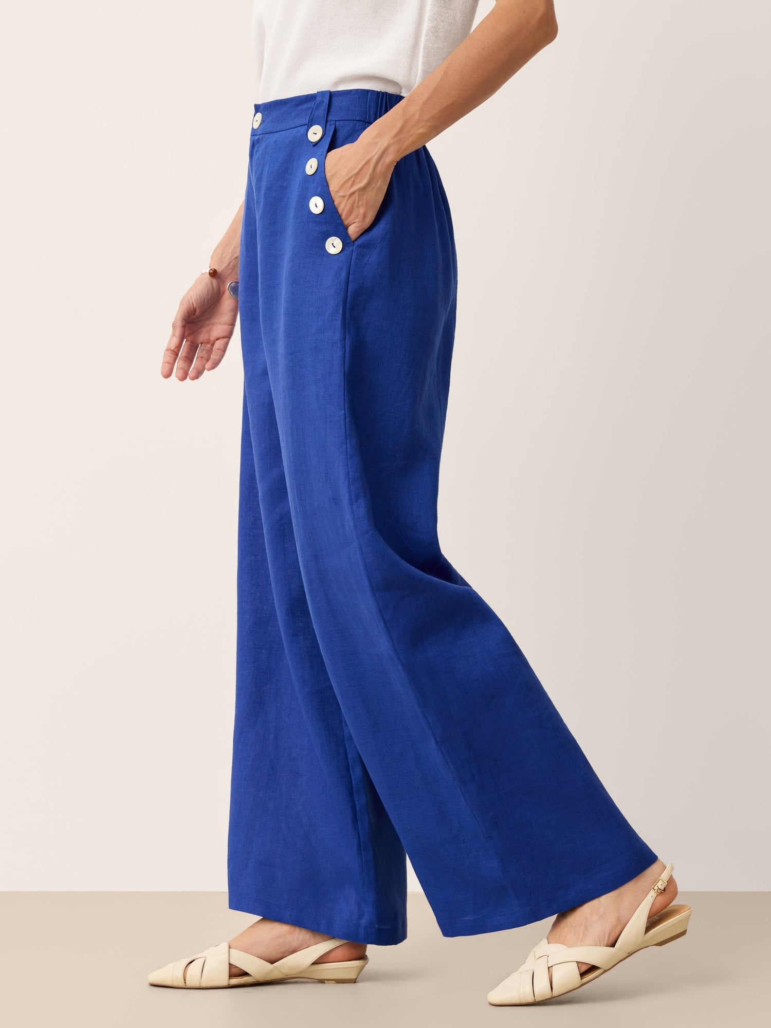100% Linen Shell Button Elasticated Back Wide-Leg Pants IONE by LINTICO