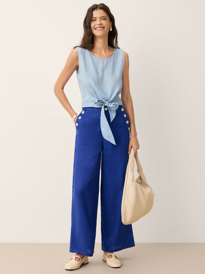 100% Linen Shell Button Elasticated Back Wide-Leg Pants IONE by LINTICO