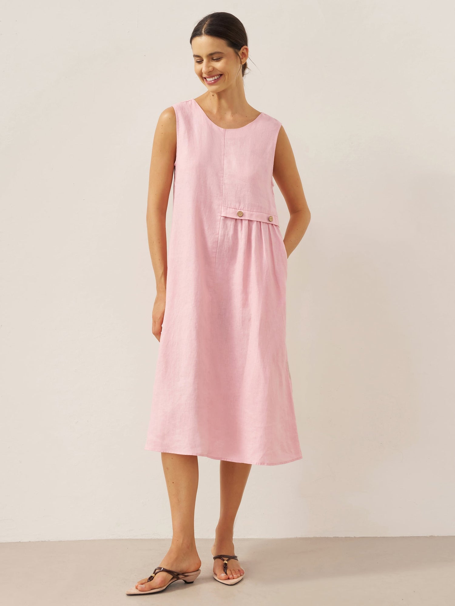 100% Linen Sleeveless Accordion Pleat Midi Dress TINA by LINTICO