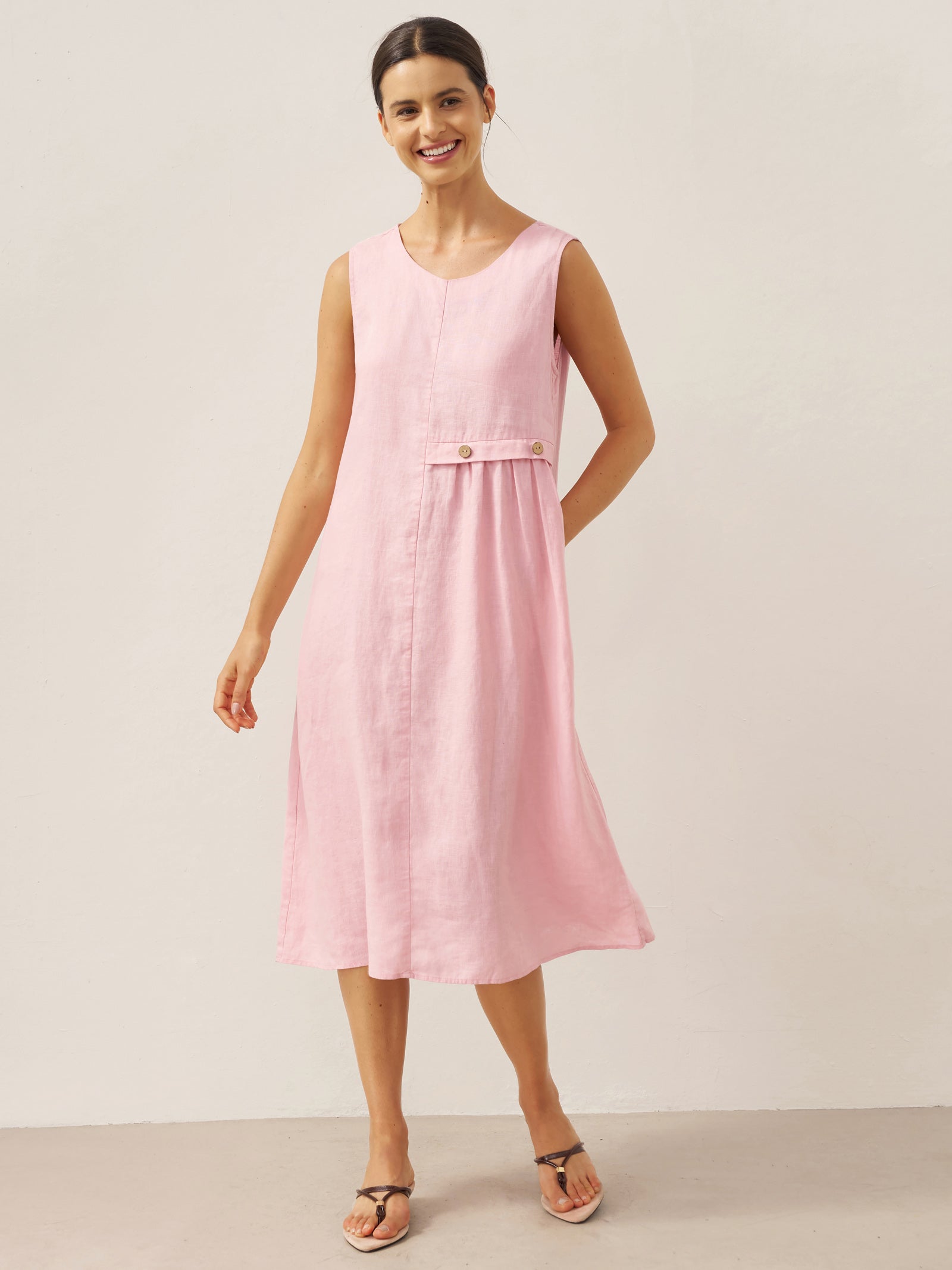 100% Linen Sleeveless Accordion Pleat Midi Dress TINA by LINTICO