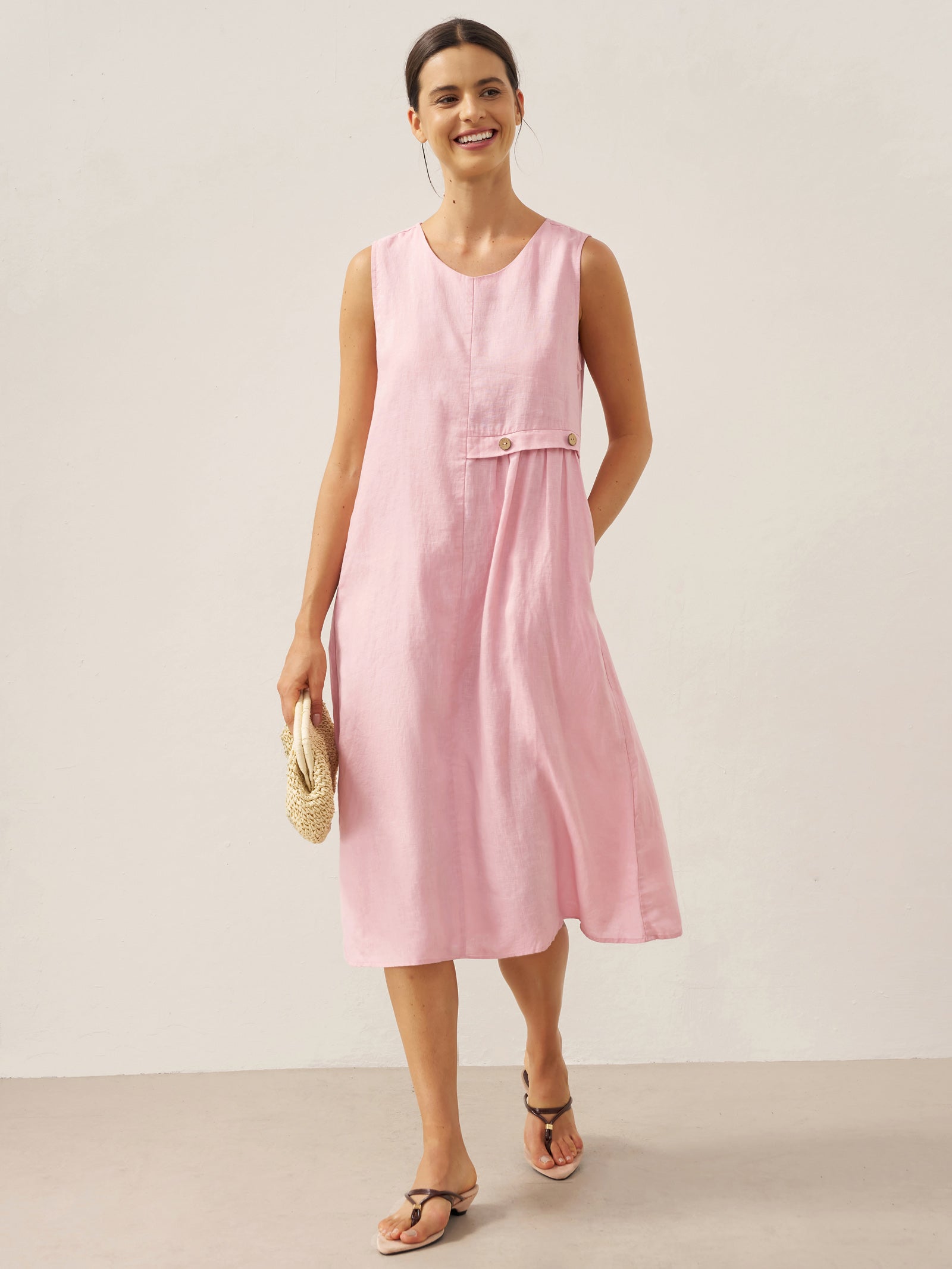 100% Linen Sleeveless Accordion Pleat Midi Dress TINA by LINTICO
