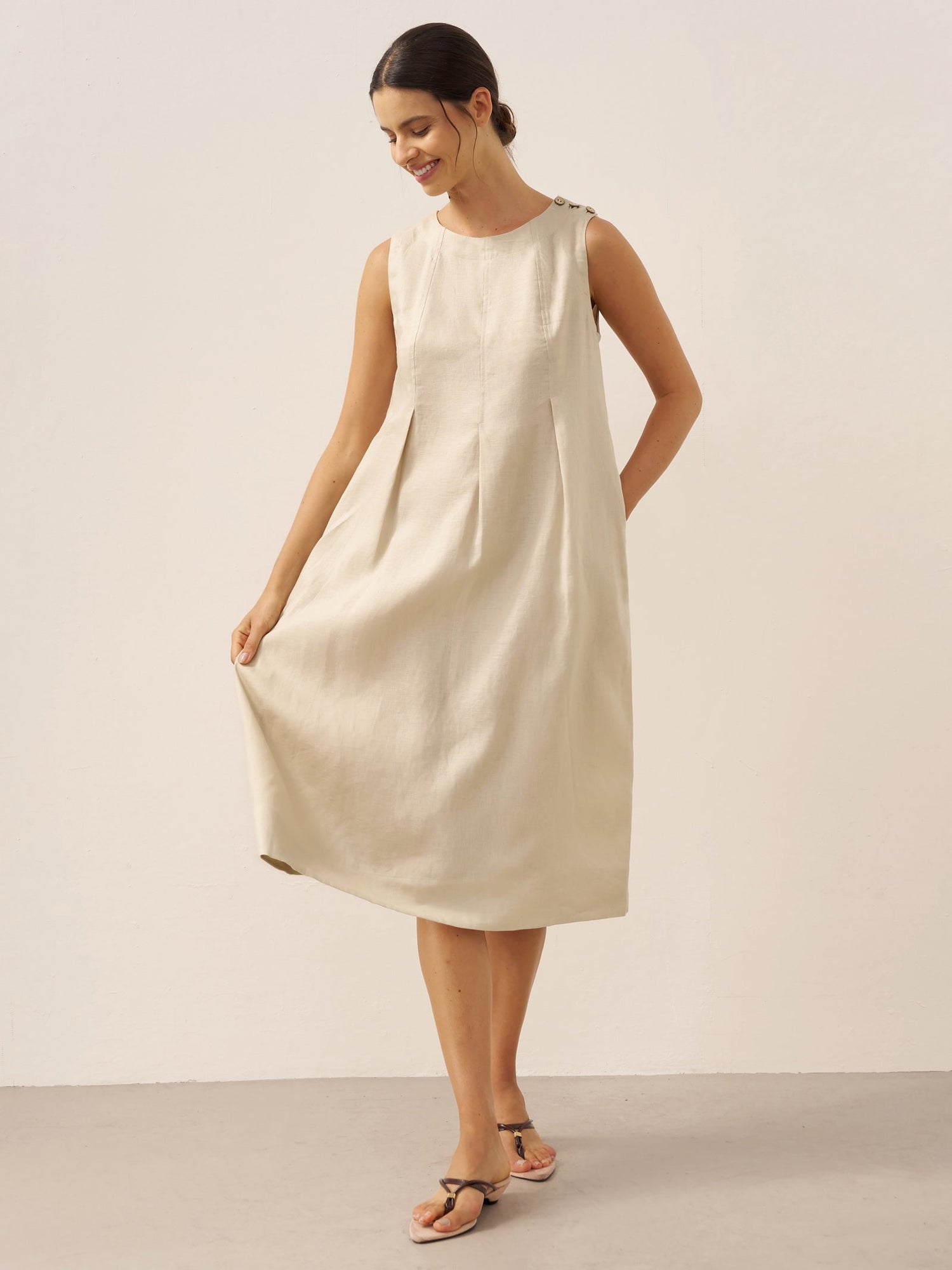 100% Linen Sleeveless Shoulder Button Midi Dress FREYA by LINTICO