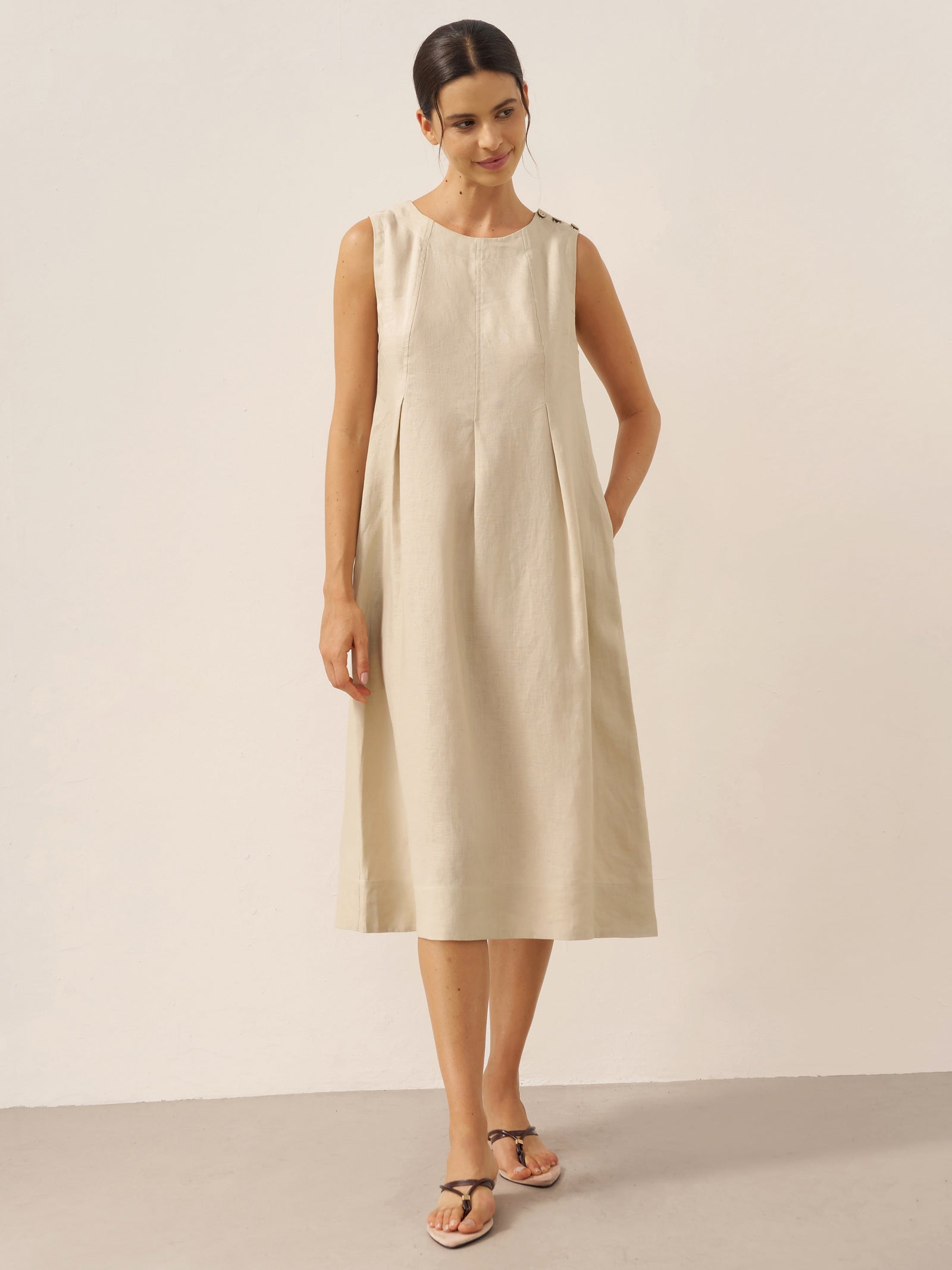 100% Linen Sleeveless Shoulder Button Midi Dress FREYA by LINTICO