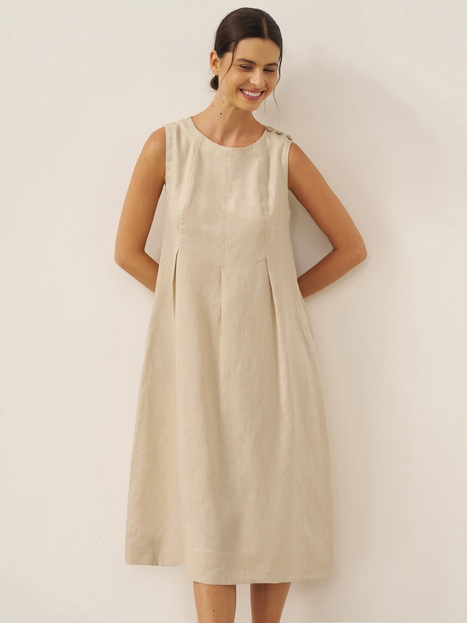 100% Linen Sleeveless Shoulder Button Midi Dress FREYA by LINTICO