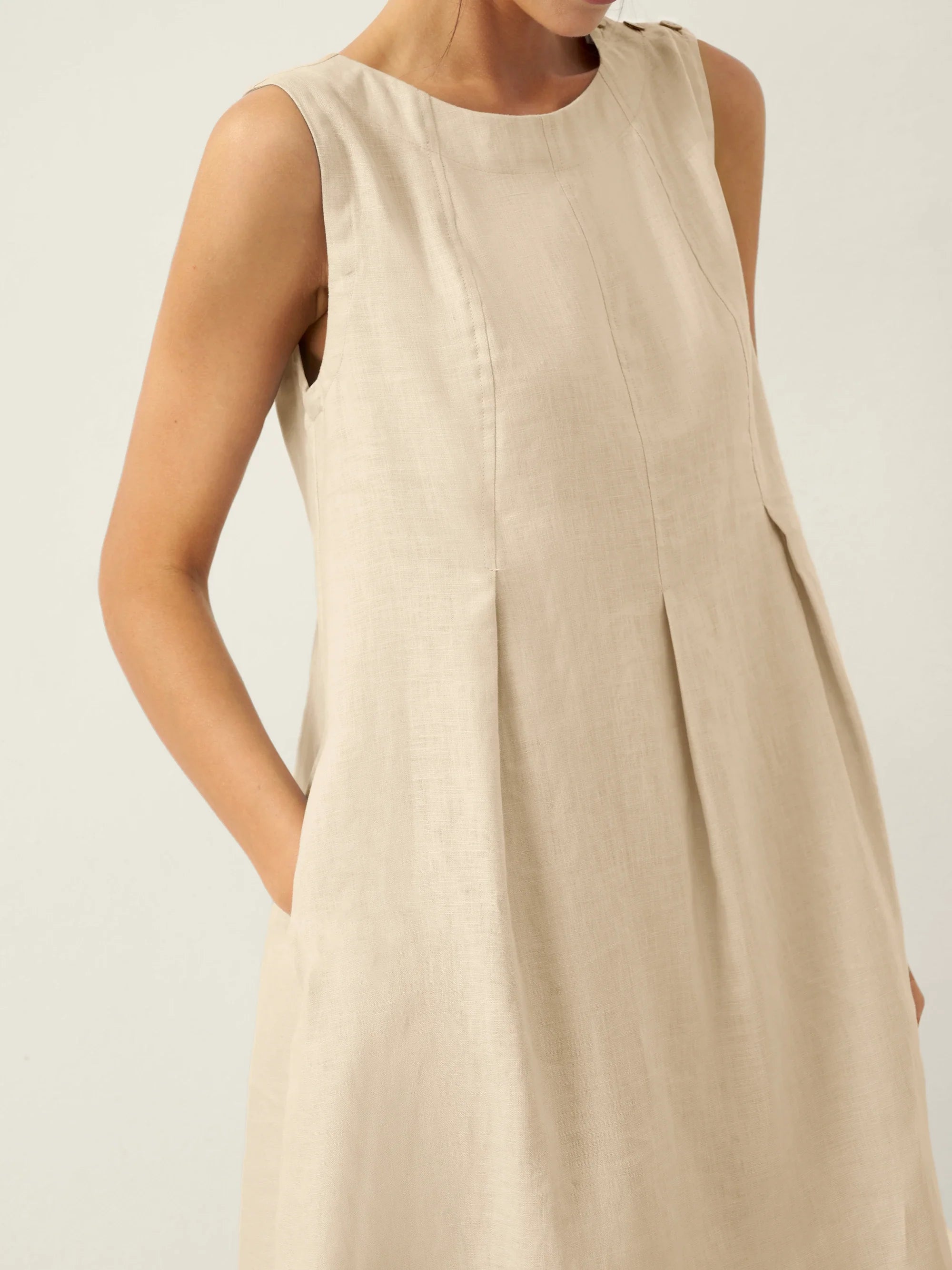 100% Linen Sleeveless Shoulder Button Midi Dress FREYA by LINTICO