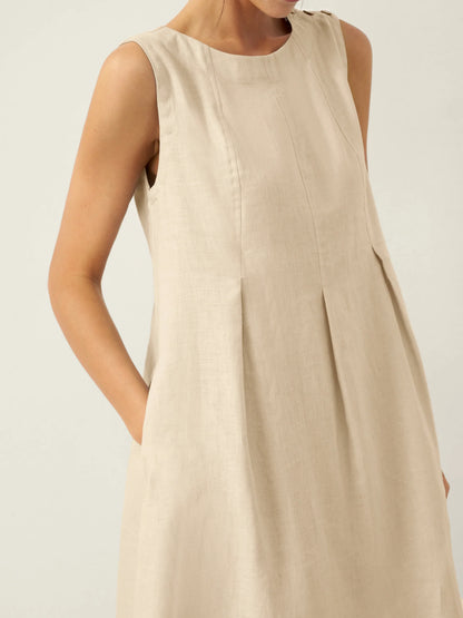 100% Linen Sleeveless Shoulder Button Midi Dress FREYA by LINTICO